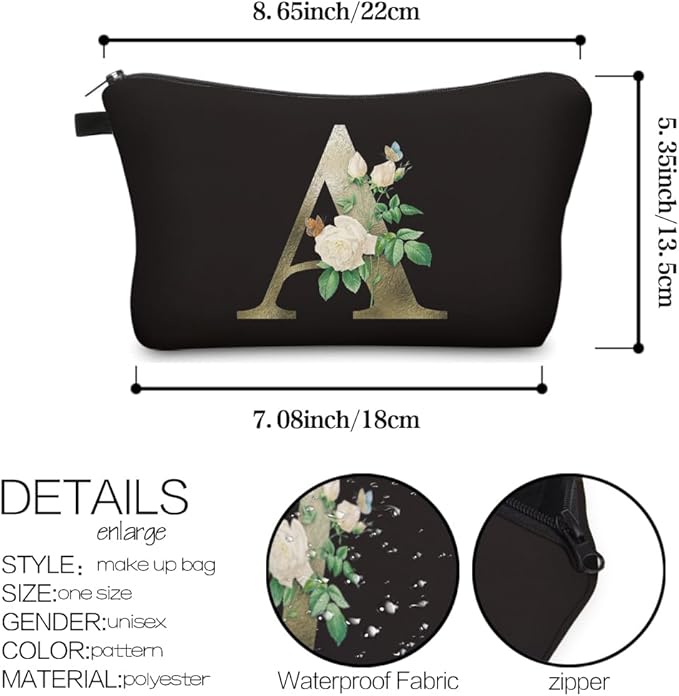 Deanfun Makeup Bag, Bride Bridesmaid A-Z Make Up Bag, Small Personalized Initial Letter 3D Printings Waterproof Cosmetic Bags for Women (A)