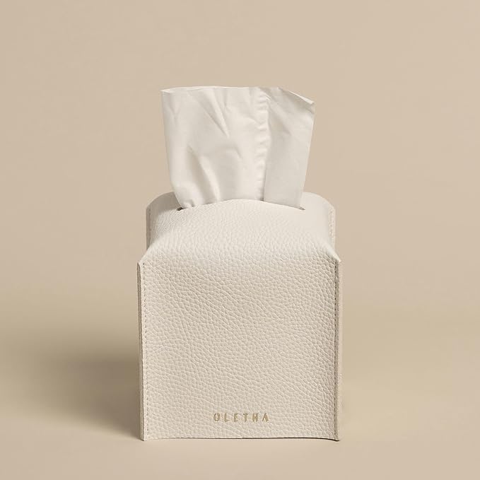 OLETHA Square Tissue Box Cover - Aesthetic Desk Decor for Room, Home & Office - Tissues Cube Boxes Holder - White, Set of 2