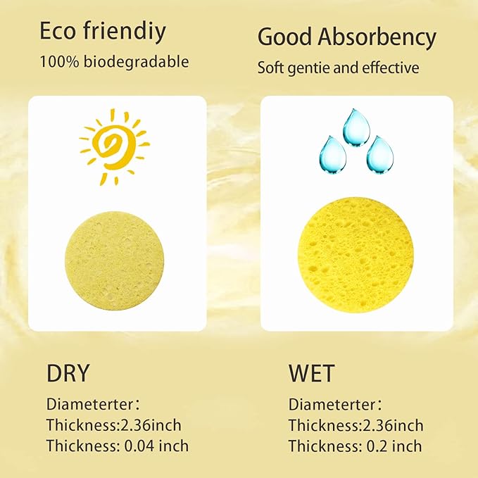 100-Count Facial Sponges Compressed Natural Cellulose Sponge Round Shape Face Sponge for Face Cleansing Exfoliating and Makeup Removal, Yellow