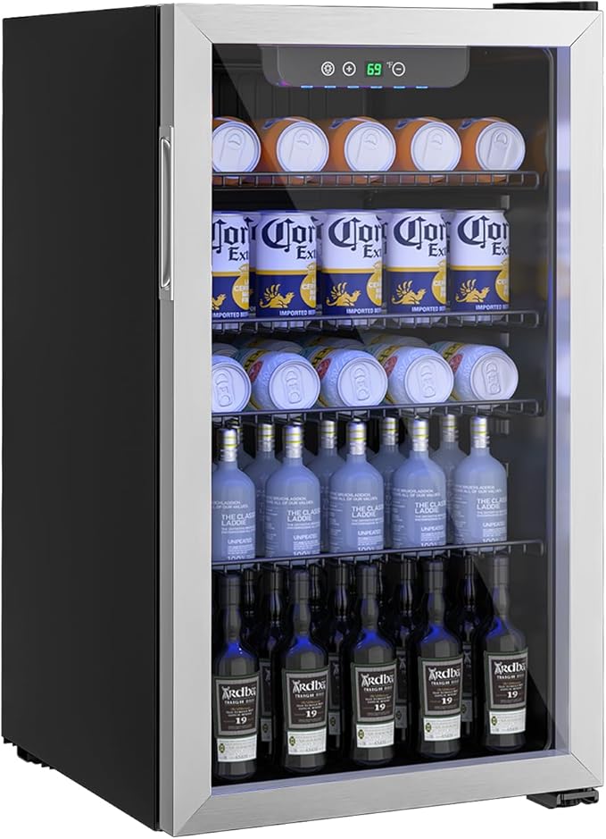 3.1 Cubic Feet/110 Can Beverage Refrigerator,17 Inch Fridge with Adjustable Shelve & LED Display for Soda Beer or Wine, Drink Refrigerator for Home Bar Office(Silver)