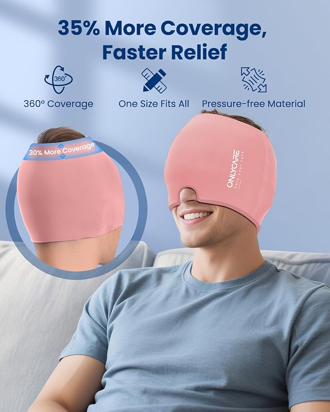 Upgraded Migraine Relief Cap, ONLYCARE Headache Relief Cap, Soothing Migraine Mask, Odorless Gel Ice Head Wrap, Hot & Cold Therapy, Reusable Ice Pack for Tension and Stress, Pink