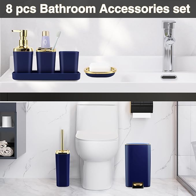 Navy Blue Bathroom Accessories Set 8 Piece Navy Blue and Gold Bathroom Set, Bathroom Sets with Stainless Steel Trash Can,Toilet Brush,Toothbrush Set,Soap Dispenser