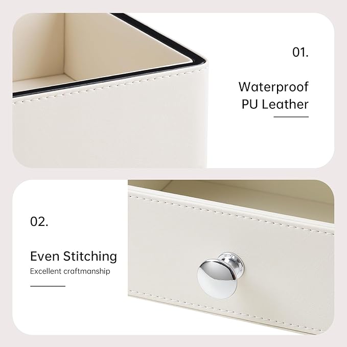 PU Leather Makeup Organizer with Drawer, Waterproof Cosmetic Storage Box, Multifunctional Nightstand Vanity Organizer for Skincare, Perfume, Jewelry, Bathroom Countertop (Beige)