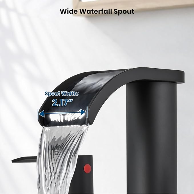 gotonovo Waterfall 8 inch Widespread Bathroom Faucet Set Bathroom Sink Faucet 3 Hole 2 Handle Vanity Lavatory Deck Mount with Pop Up Drain and Water Supply Lines Round Body Matte Black
