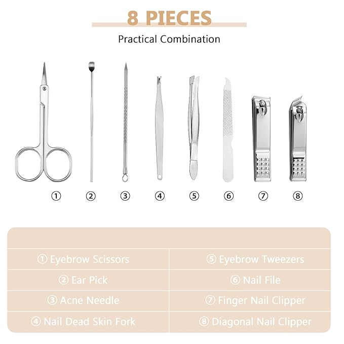 Geosar 12 Set 8 in 1 Manicure Set Stainless Steel Nail Clippers Kit Pedicure Care Tools with Leather Case Travel Grooming Kit Gift for Women Men Gift(Glitter Rose Gold)