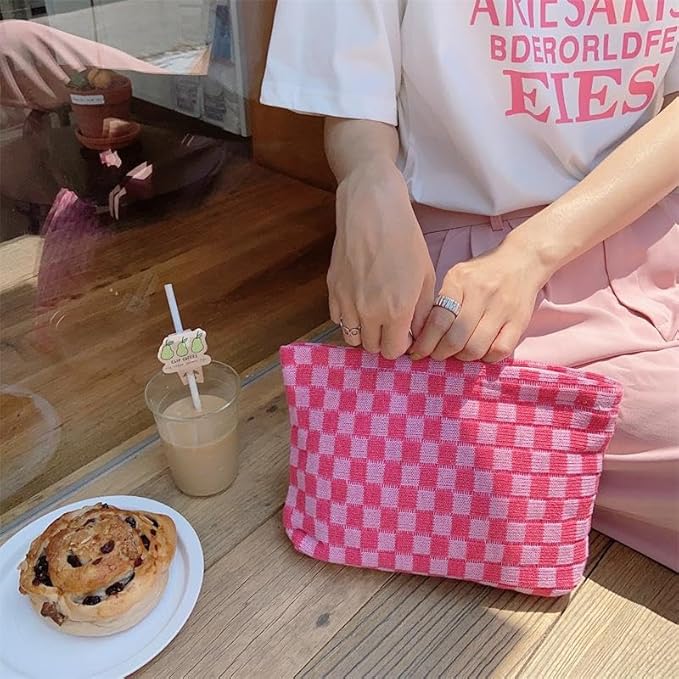 2 Pieces Makeup Bag Set, Small Pink Checkered Cosmetic Bag Travel Toiletry Organizer Mini Cosmetic Pouch Case Makeup Brushes Cute Quilted Aesthetic Accessories Storage Bag for Women