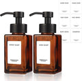 Foaming Hand Soap Dispenser 2 Pack, 12oz/350ml Amber Glass Foaming Soap Dispenser Set with Stainless Steel Pump, Square Refillable Foam Pump Bottles for Bathroom&Kitchen,Includes 6 Labels