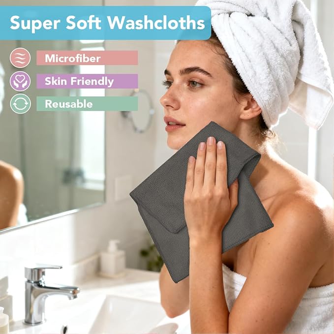 Orighty Washcloths, 20 Pack Microfiber Face Towels, Highly Absorbent and Soft Feel Wash Cloths & Hand Towels for Bathroom, Hotel, Spa, and Gym, 11.5x11.5 Inch, Grey