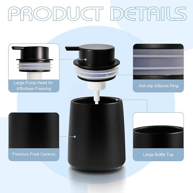 Ceramic Foam Soap Dispenser 2 Pack, 12oz Matte Black Lotion Hand Sanitizer Soap Dispenser with Easy-to-Press Pump for Bathroom & Kitchen Countertop Refillable