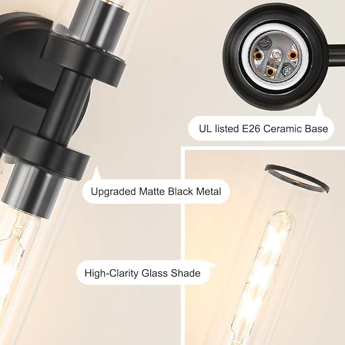 Matte Black Wall Sconces Set of 2, Modern Bathroom Vanity Lights for Mirror, Hardwired Glass Wall Light Fixtures with E26 Base (Bulbs Required) for Bathroom, Bedroom, Hallway, 22.05 Inch