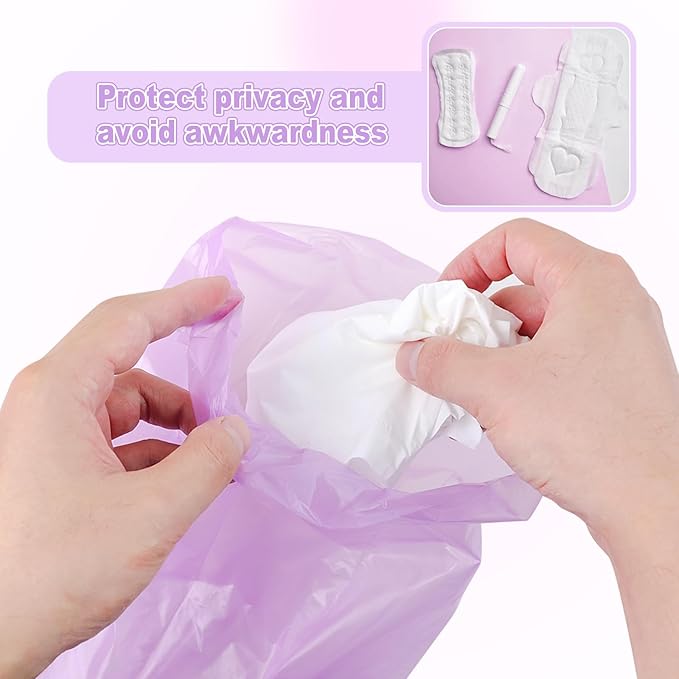 146Pcs Disposal Sanitary Napkin Bags, Purple Feminine Privacy Protection Sanitary Tampons Menstrual Liners Bag, Personal Disposal Hygiene Period Diapers Bag for Women (144pcs with 2pcs Zipper Bags)