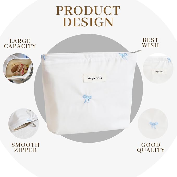 Wudygirl Makeup Bag Travel Cosmetic Bag for Women Small Makeup Pouch Zipper Cosmetic Pouch Handbag Aesthetic (Blue Bow)