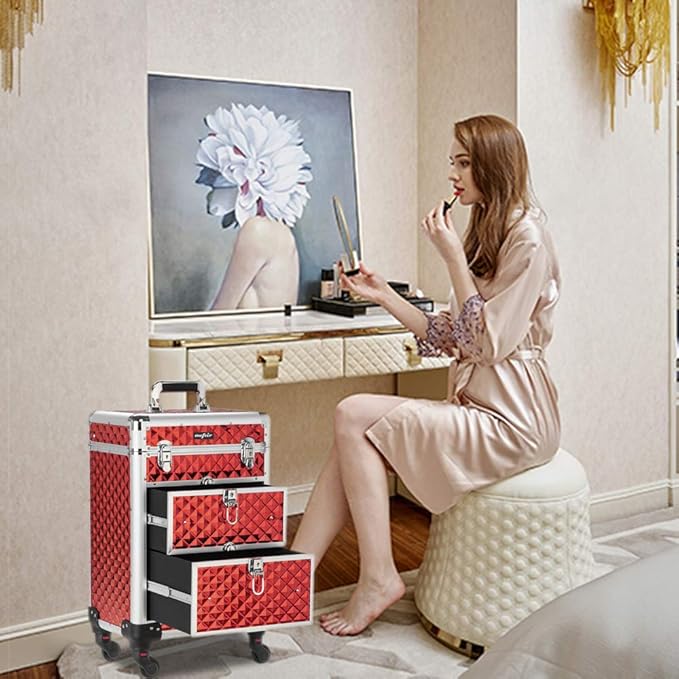 mefeir Aluminum Rolling Makeup Train Case, Portable Makeup Organizer Suitcase, Cosmetic Storage Box, Travel Beauty Luggage Trolley Lockable w/4 Removable Wheels & 2 Sliding Drawers (Red)