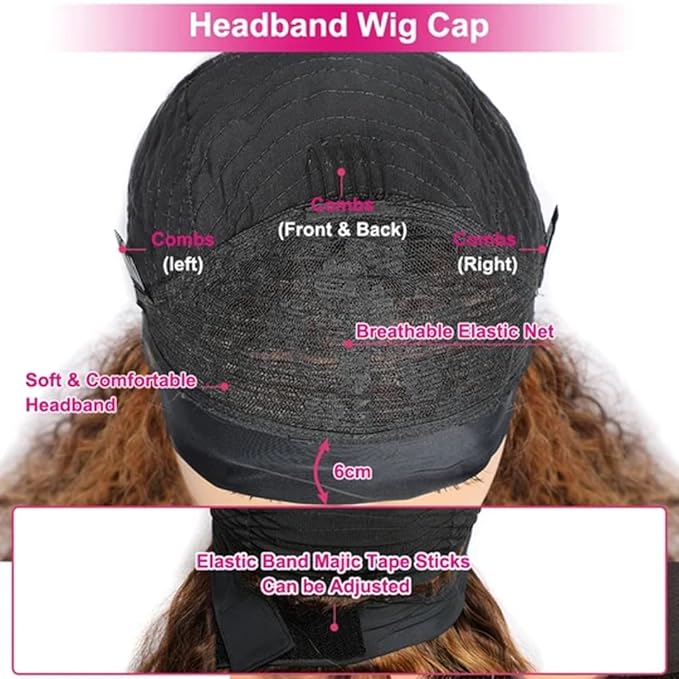 XSY Curly Headband Wig Human Hair Highlight Ombre Deep Wave Headband Wigs for Black Women #4/27 Golden Brown Wig 28 Inch
