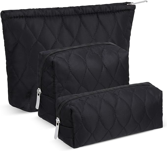 3 Pcs Puffy Makeup Bag Quilted Cosmetic Pouch for Women Cute Waterdrop Travel Toiletry Bag Puffer Makeup Organizer Purse Pouch Preppy Pencil Case with Zipper(Black)