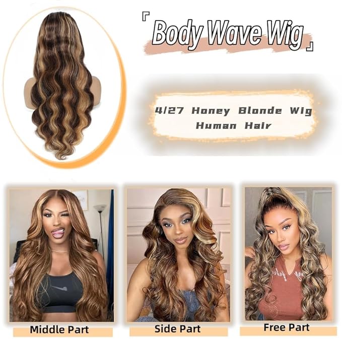 Sunelk Highlight Ombre 13x6 Lace Front Wig Human Hair 34 Inch Honey Blonde Wig 200 Density Glueless HD Lace Frontal Wig for Women 4/27 Highlight Body Wave Lace Front Wigs Human Hair