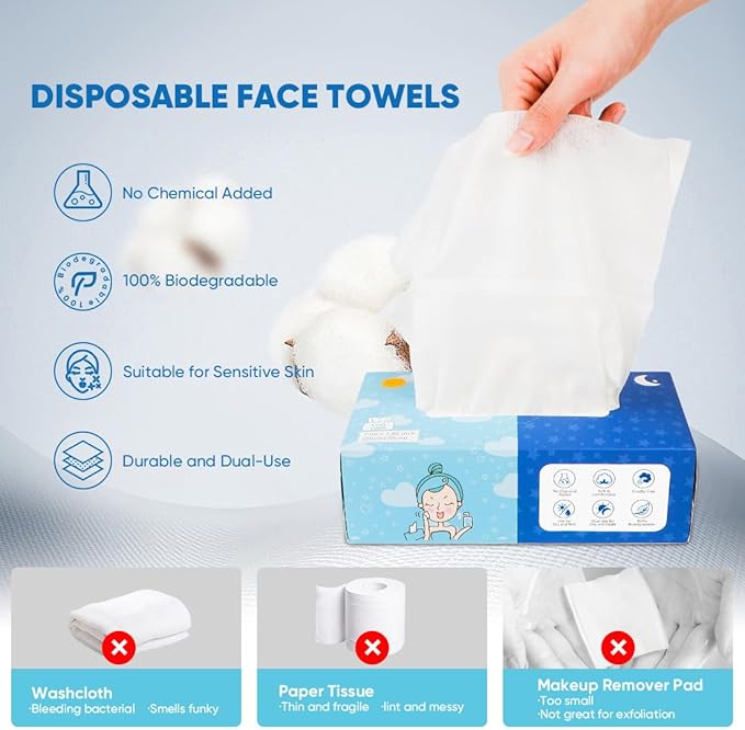 Orighty Disposable Face Towel, Biodegradable Clean Facial Towels, Super Soft Makeup Remover Wipes, Absorbent Facial Wash Cloth for Makeup Removing, Facial Cleansing, Nursing, Outdoor, 600 Count