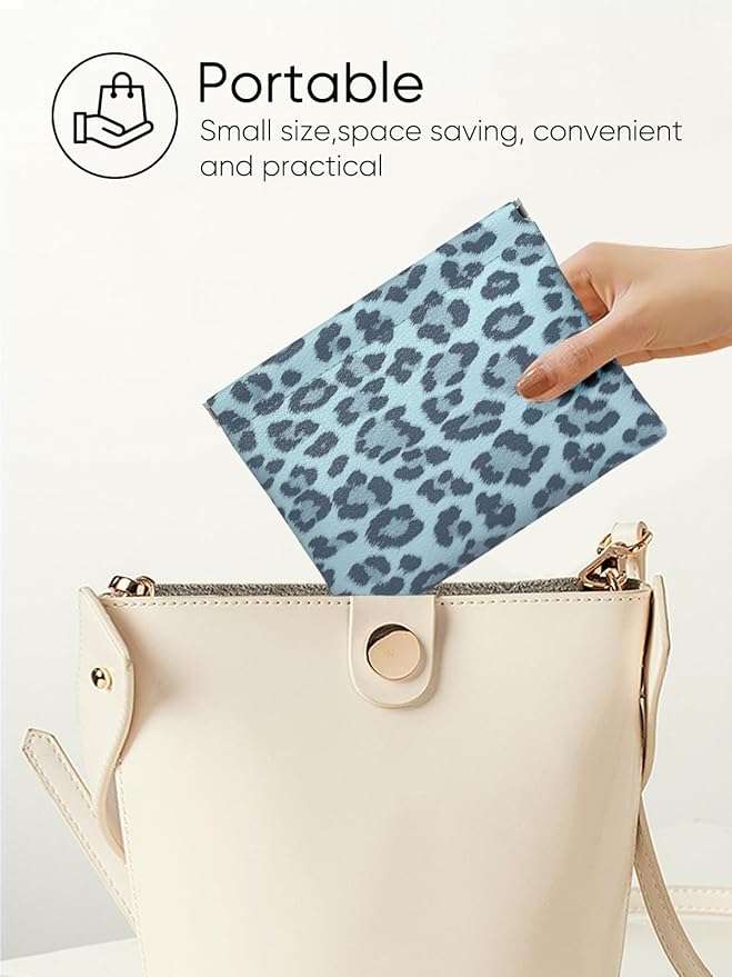 Leopard Leather Small Makeup Pouch for Women,Cosmetic Accessories,Waterproof and Portable Cosmetic Bag,Self-closing, No Zipper, Aesthetic Storage Pouch,Lipstick for Purse,Azure-blue