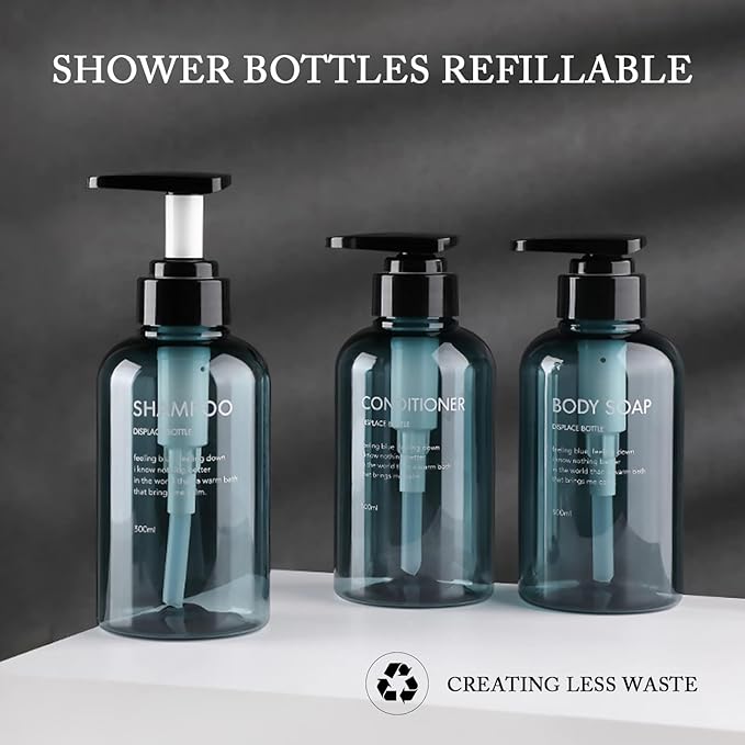Refillable Shampoo and Conditioner Bottles, 10oz/300ml Shampoo Conditioner Body Wash Dispenser for Hotel Bathroom, 3pcs Plastic Shampoo Bottles with Pump (Bluer)