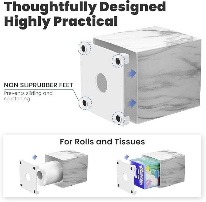 Tissue Box Cover, Square Facial Acrylic Tissue Holder with 2 Pack Clear Qtip Holder Dispenser, Bathroom Vanity Dresser Night Stand Essentials Accessories Decor, Modern Farmhouse Decor, Marble