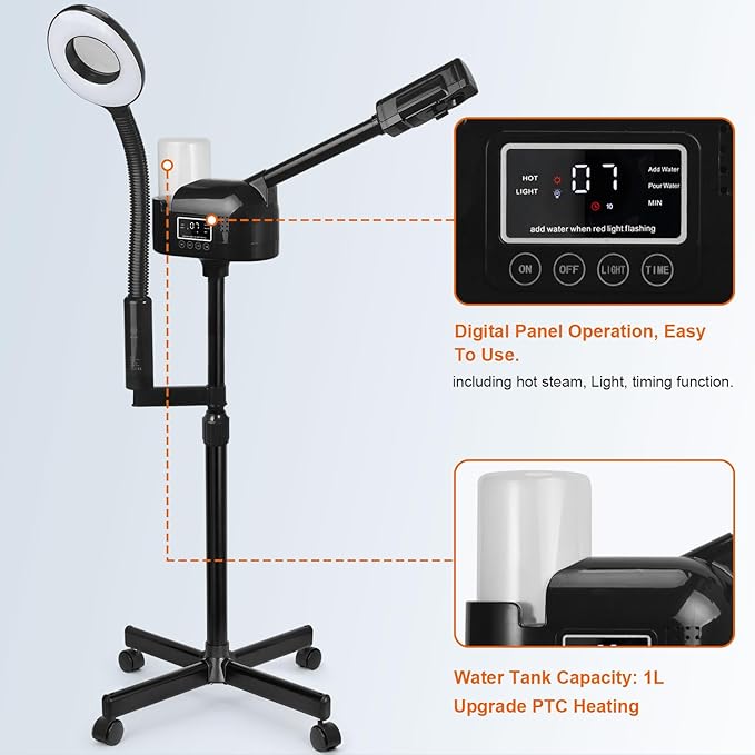 Professional Facial Steamer with 5X Magnifying Lamp, 2 in 1 Facial Steamer Upgrade PTC Heating, Esthetician Steamer Black Face Steamer for Salon Spa Beauty Skin Care (Black)