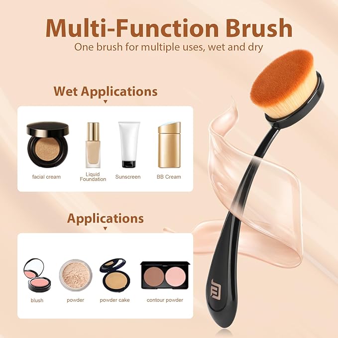 Oval Foundation Brush with Handle - Professional Kabuki Toothbrush Makeup Brush Fast Flawless Application with Dense Soft Bristles for Liquid, Cream, Powder, Blending, Body Self-tanner