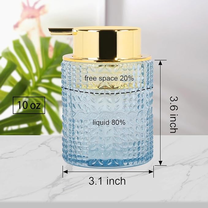 Foaming Soap Dispenser, 2pcs Blue Glass Foam Soap Dispenser with Gold Pump, Refillable 10oz Lotion Liquid Container Pump Bottle for Bathroom Kitchen Countertop