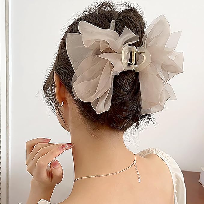 RUIYDZ Hair Clip, Light Coffee Chiffon Bowknot Hair Claw Clips for Thick Hair, Large Claw Clips for Women, Elegant Hairclips, Hair Accessories, Hair Clips for Girls