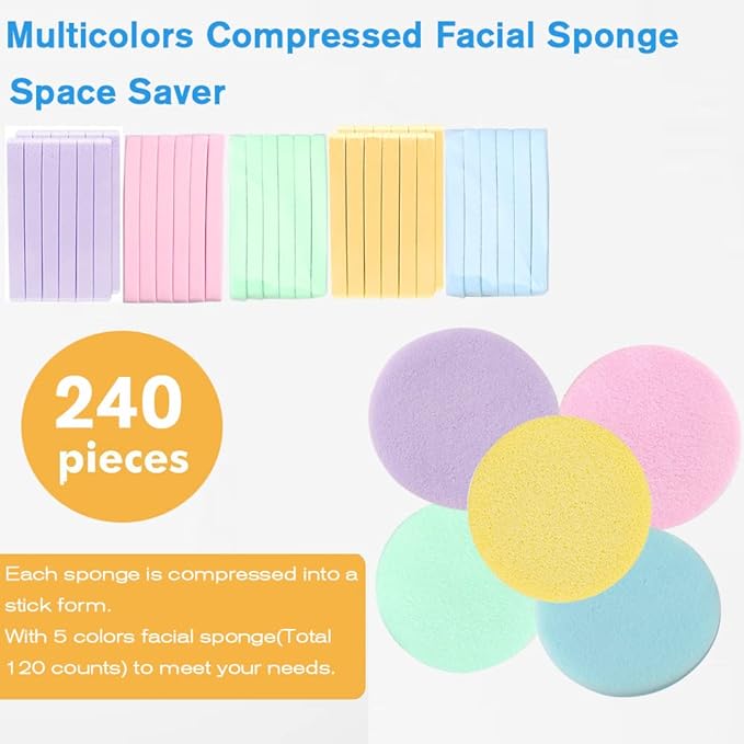 Facial Sponge Compressed,240 Count PVA Professional Makeup Removal Wash Round Face Sponge Pads Exfoliating Cleansing for Women,Yellow,Pink,Purple,Blue,Green