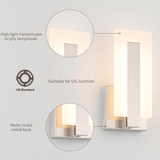 Joosenhouse LED Wall Sconce Set of 2, Hardwired Dimmable Wall Mounted Lights, Indoor Wall Lights for Hallway, Bedroom, Study, Living Room, 9.76 Inch Brushed Nickel Wall Sconce Lighting