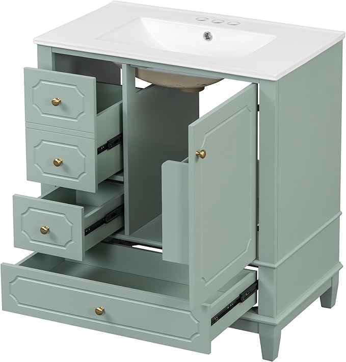 30" Bathroom Vanity with Sink, Harper & Bright Designs Free Standing Single Vanity Set with 3 Drawers and One Door with Storage Racks, Wood Storage Cabinet with Ceramic Basin for Bathroom, Light Green