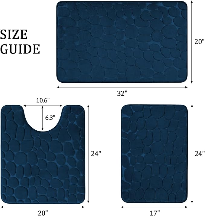 YIHOUSE Bathroom Rugs Mat Set 3 Piece Dark Blue, Memory Foam Bath Mats Sets, Non Slip Water Absorbent Washable Bath Rugs for Sink, Toilet and Floor