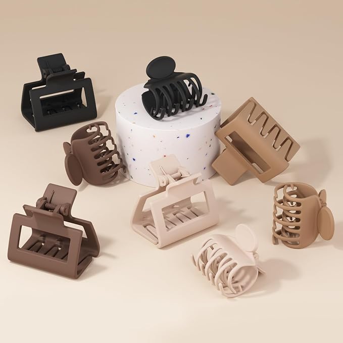 8 Pcs Medium Hair Clips for Women Girls - 2 Styles Rectangle and Double Row Teeth Small Claw Clips for Thin Fine Thick Hair, Matte Non-slip Strong Hold Jaw Clips Hair Accessories, Brown