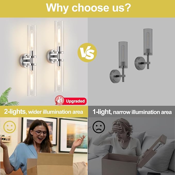 Wall Sconces Set of Two, Chrome Bathroom Sconces Wall Lighting with Clear Glass, Modern Sconces Wall Decor Set of 2 Bathroom Light fixtures for Mirror Living Room Hallway Bedroom