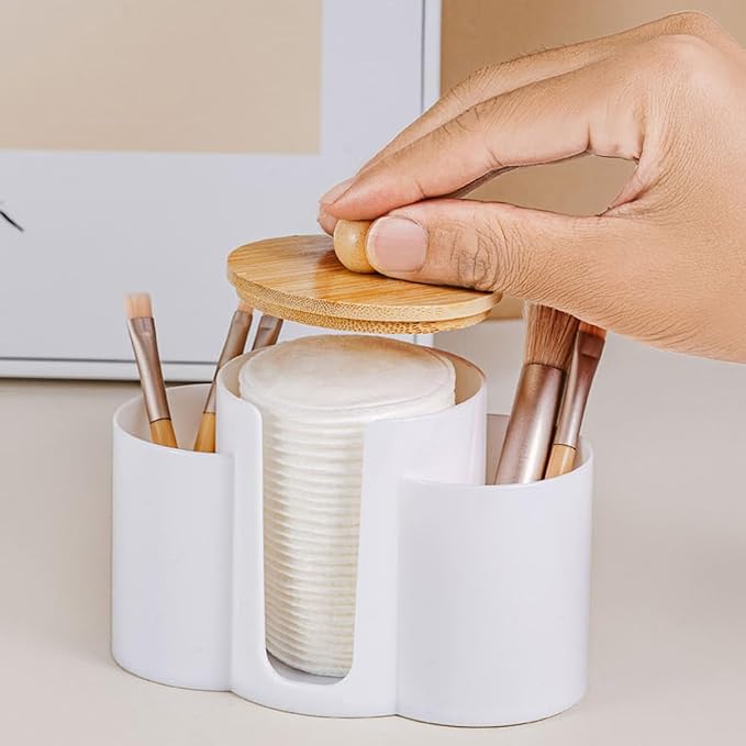 3-in-1 Q-Tip Holder for Bathroom – Premium Vanity Organizer Canister with Dustproof Lid for Cotton Swabs, Balls and Pads, Countertop Storage Container（Black）