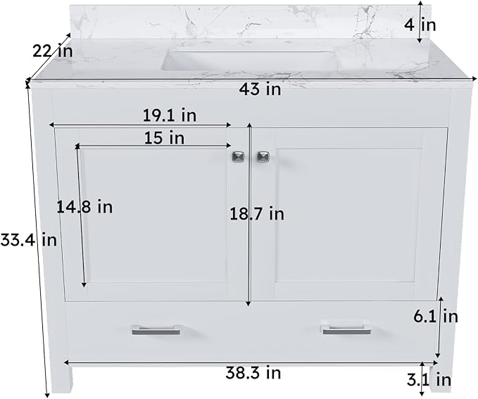 Montary 42" Bathroom Vanity with 43" Artificial Marble Carrara White Top, Modern Stylish MDF Bathroom Storage Cabinet, Vanity Set with 2 Doors and One Large Divided Drawer, White (Three Holes)