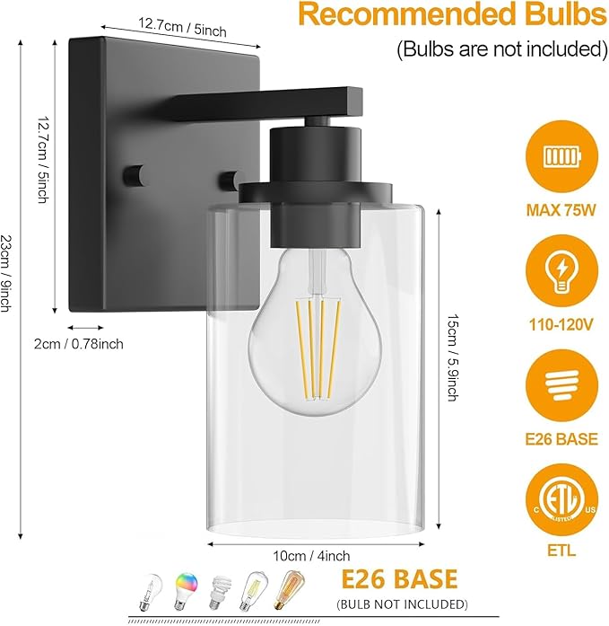 Wall Sconces Set of 2 Matte Black Vanity Lights for Bathroom, Modern Wall Light Fixtures Sconce Lights Indoor with Clear Glass Farmhouse Wall Mount Lamp for Bedroom Mirror Living Room Hallway E26 Base