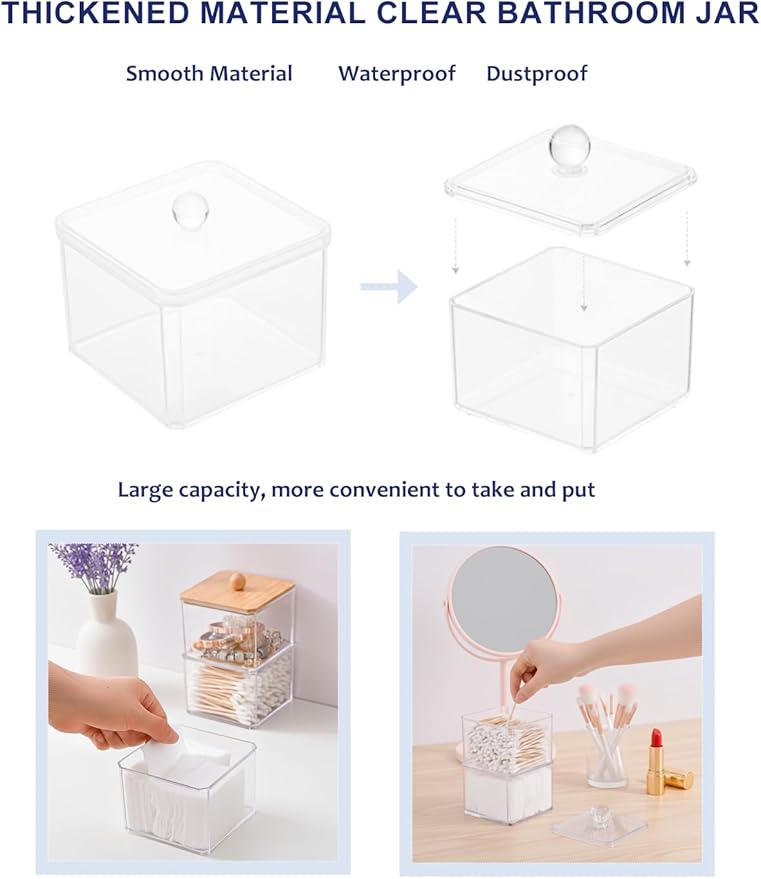 Cotton Swab Holder with Plastic Lid, Clear PS Qtip Container, Single Layer Bathroom Organizer for Cotton Balls & Pads, Vanity Storage, Dorm Room Essentials, Small Space Decor