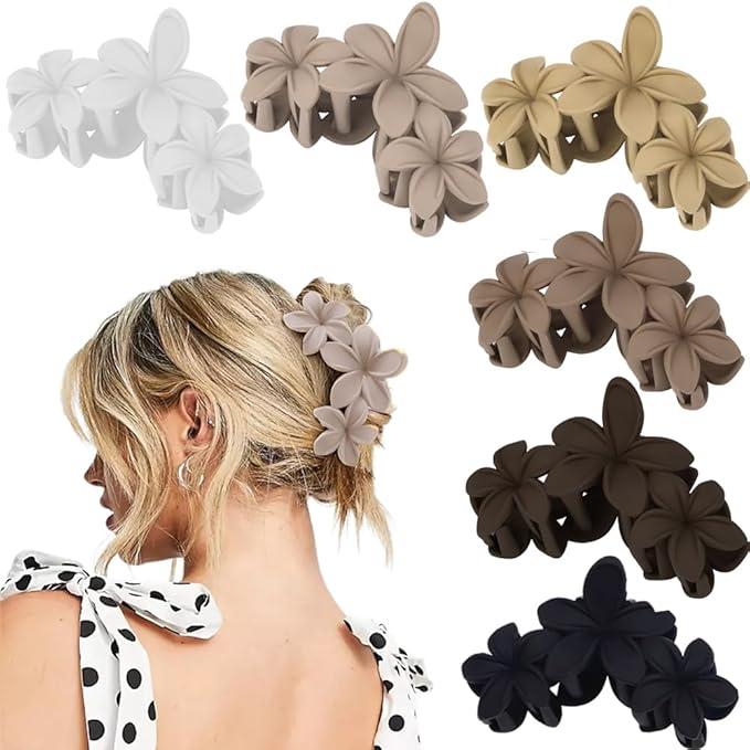 Ahoney 6PCS Flower Hair Clips for Women, Big Claw Clips for Thick Hair Nonslip, Hawaiian Cute Hair Clips Banana Clip Beach Hair Accessories for Women Girls (Neutral 02)