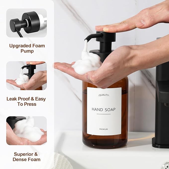 Amber Foam Soap Dispenser, 14.1 oz/400ml Foaming Hand Soap Dispenser, 2 Pack Glass Foaming Dispenser for Bathroom & Kitchen, Refillable Liquid Dispenser Bottle with Waterproof Labels