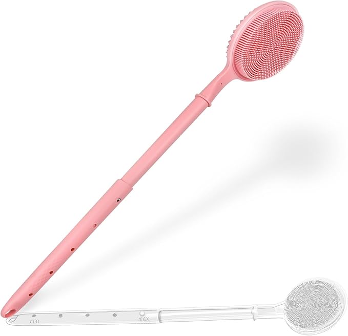 OZNER 24 Inches Silicone Back Scrubber for Shower - Extendable Long Handle Shower Brush with Dual-Sided Bristles - Exfoliating Body Scrubber for Sensitive Skin - Perfect for Men & Women (Pink)