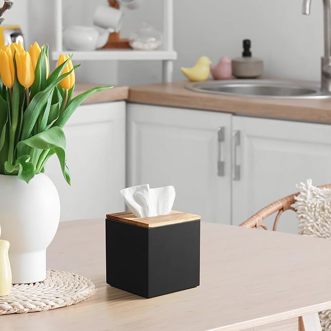Black Tissue Box Cover Square - Wooden Tissue Box Holder - Decorative Cube Facial Tissue Dispenser for Vanity Toilet Tank Dresser Nights Stand Kitchen Table Office Countertop