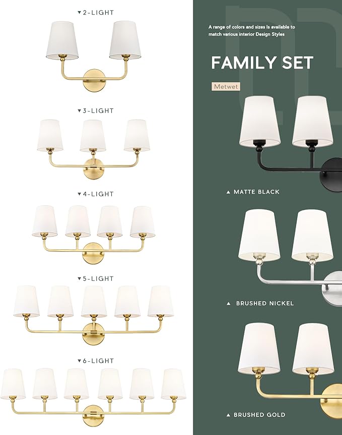 2 Light Bathroom Vanity Light, Brushed Gold Double Wall Sconce with Flared White Fabric Shade, Modern Sconces Wall Lighting for Hallway Bedroom Stairway, VL837-BG