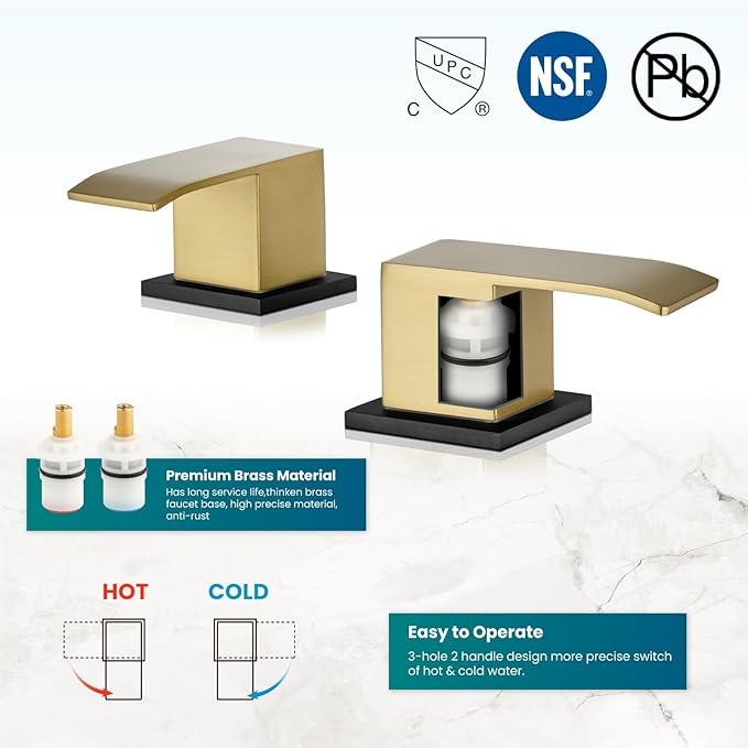gotonovo Waterfall 8 inch Widespread Bathroom Faucet Set Bathroom Sink Faucet 3 Hole 2 Handle Vanity Lavatory Deck Mount with Pop Up Drain and Water Supply Lines Square Body Gold and Matte Black
