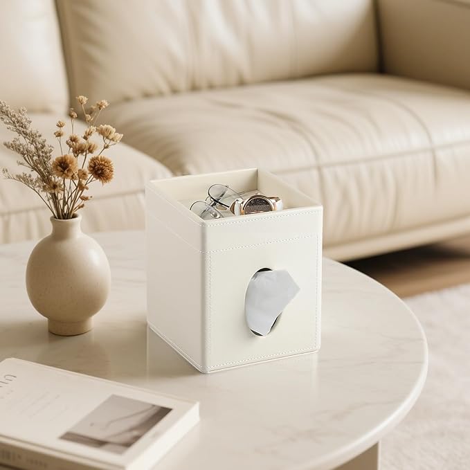 Tissue Box Cover, PU Leather Square Tissue Box Holder with Storage Tray for Bathroom Vanity Countertop Night Stands Bedroom Office Desk, Stylish Tissue Holder Decorative Organizer (Cream)