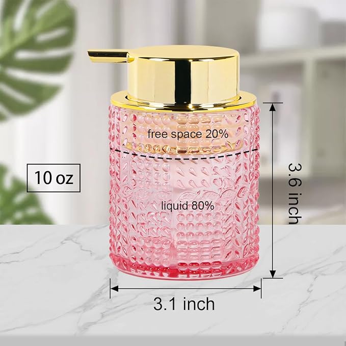 Glass Foaming Soap Dispenser,10oz Refillable Bathroom Foam Hand Soap Dispenser for Bathroom Countertop Kitchen (1, Pink)
