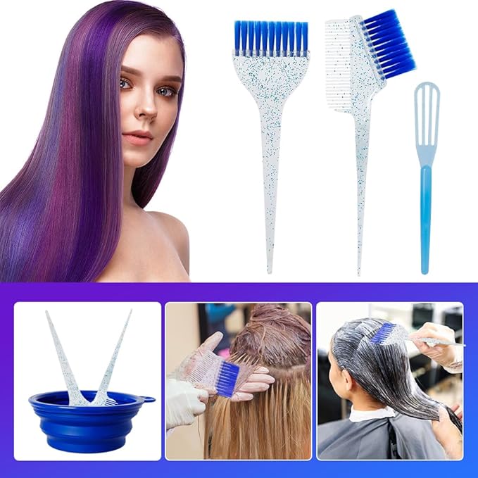 Hair Dye Color Brush and Bowl Set, Color Bowl Brushes Tool Mixing Bowl Kit Tint Comb for Hair Tint Dying Coloring Applicator (Dark Blue&Clear)