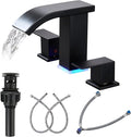 Bathroom Faucets 8 Inch Widespread Bathroom Sink Faucet Two Handles Black Bathroom Faucet 3 Hole Waterfall Vanity Sink Faucet for 3 Hole with LED Light with Pop Up Drain