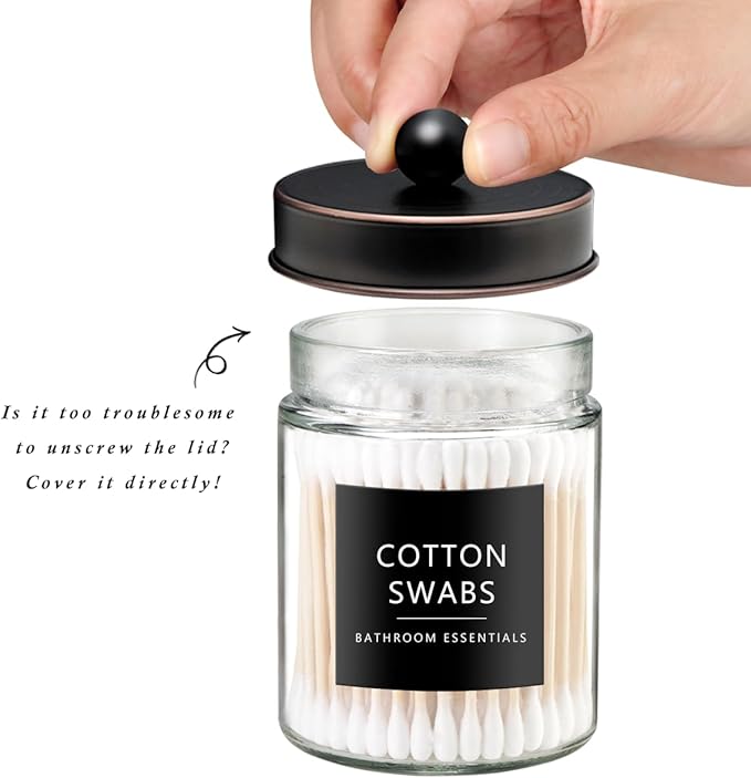SheeChung 4-Pack Glass Qtip Holder Dispenser - Rust-Proof Stainless Steel Apothecary Jars with Labels -Bathroom Organizer for Cotton Swabs, Balls, Pads-Vintage Rustic Decor (Oil Rubbed Bronze)
