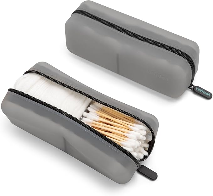 Cotton Pad Swab Travel Case – 2-in-1 Portable Waterproof Qtips Dispenser for Cotton Square Pad & Qtip, Floss, Bobbi Pin, Nail Kit, Hair Accessories Organizer TSA Compliance – VISFRESH (Black)